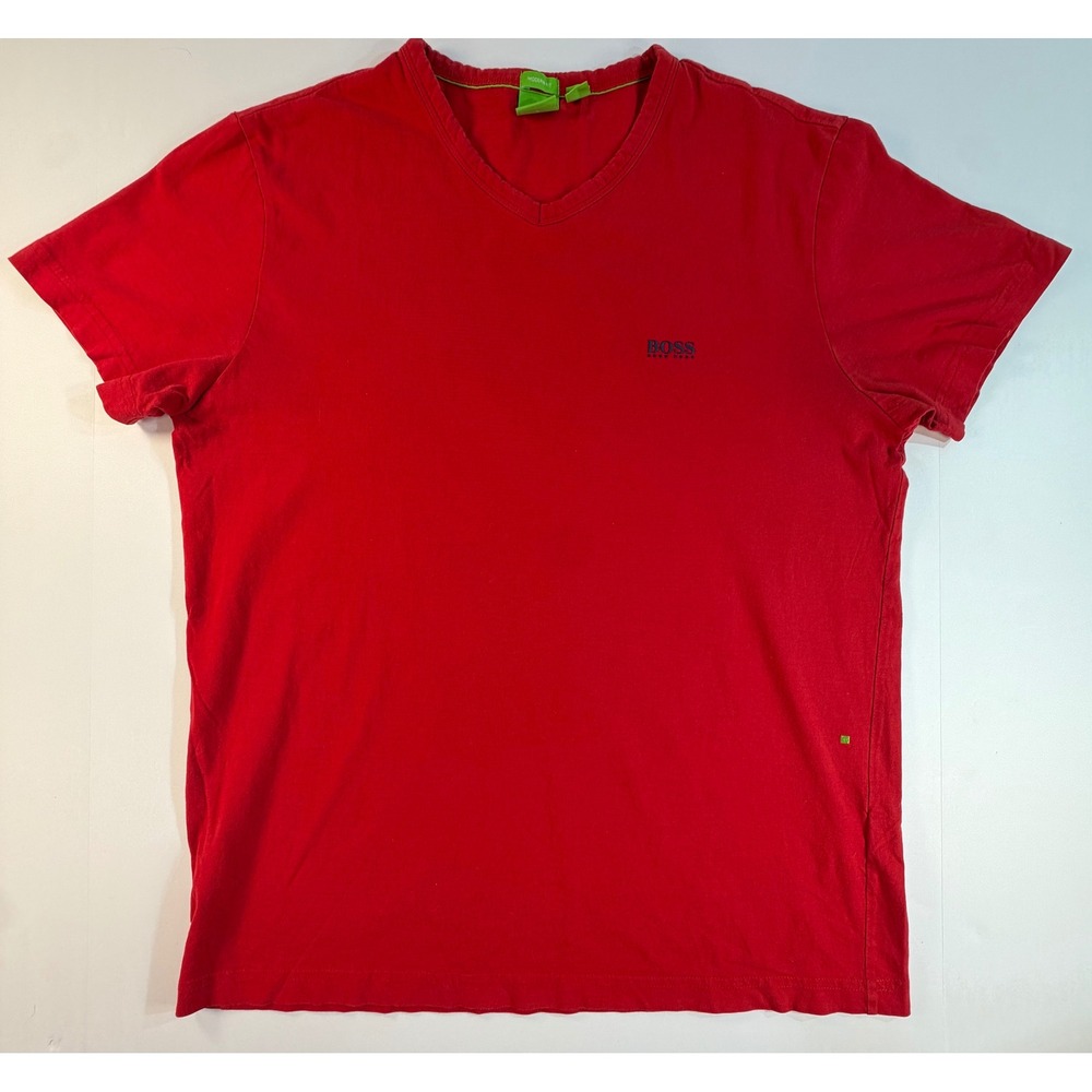 Hugo Boss Mens Red V-Neck T-Shirt Modern Fit Logo Large Short Sleeve Tee
